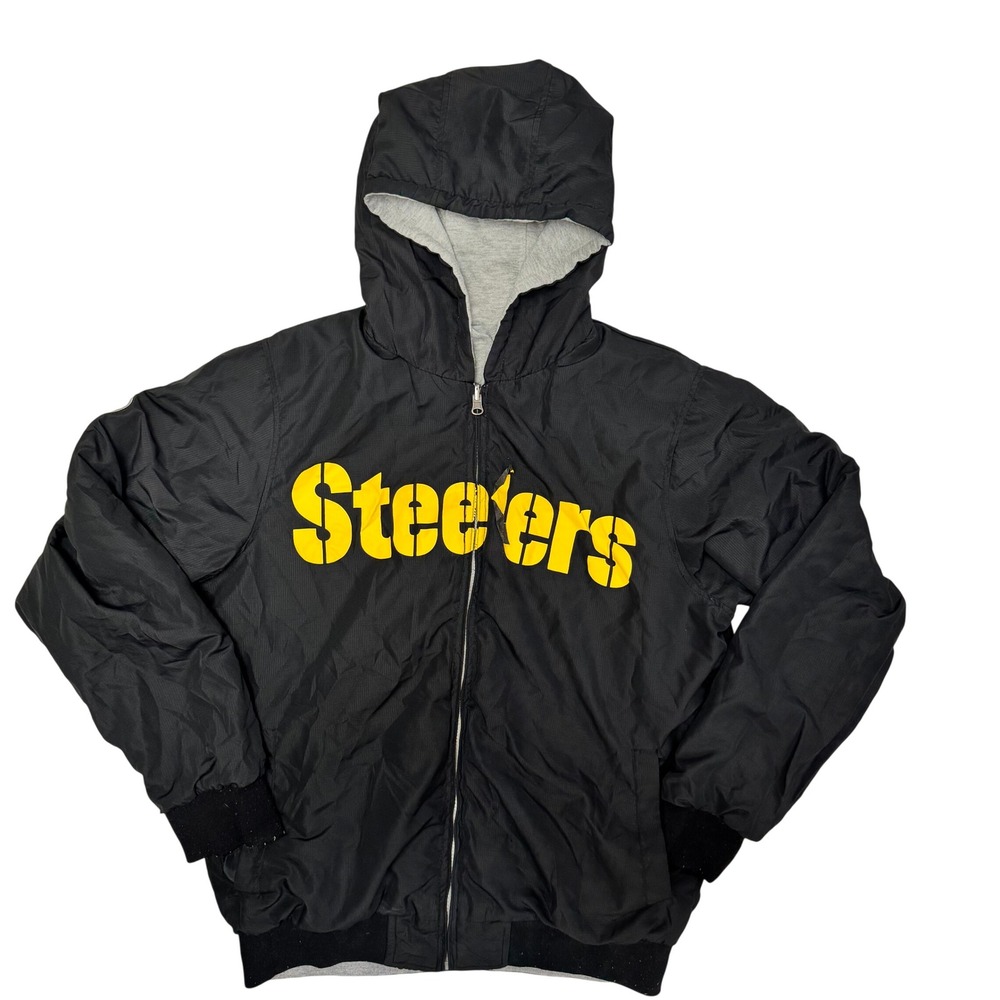 Pittsburgh Steelers Reversible Full Zip Hooded Jacket Black Grey Mens L